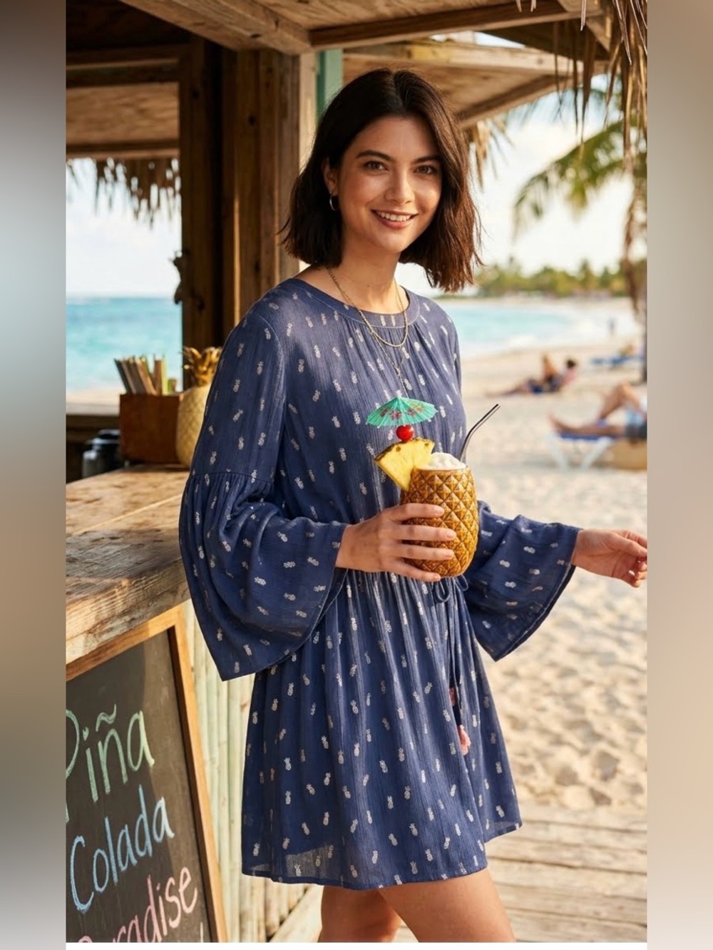 NWT HATLEY Selena Boho Blue Tunic Dress Silver Metallic Pineapples XS MSRP $268